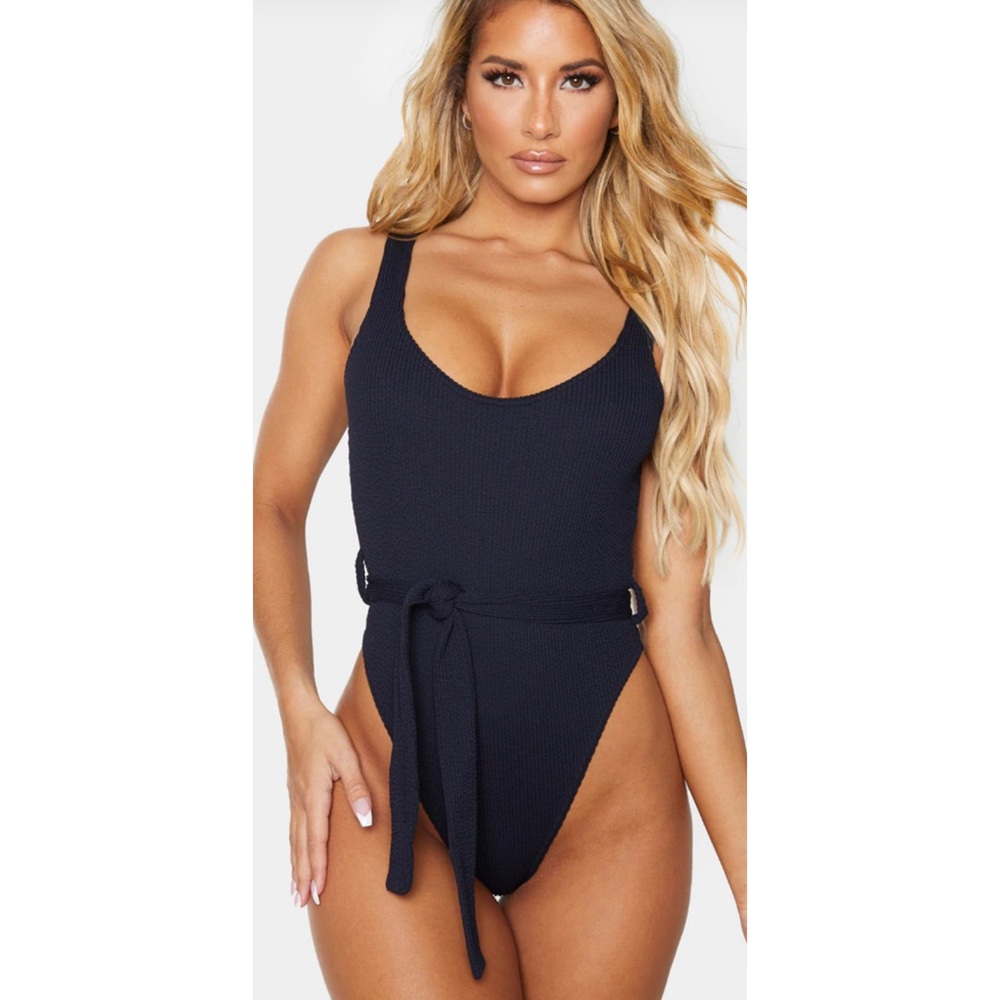 Black Tie Waist Crinkle Swimsuit